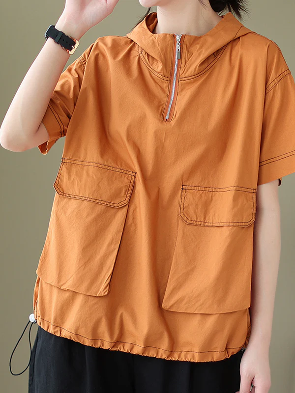 Loose Short Sleeves Zipper Hooded T-Shirts Tops - Image 14