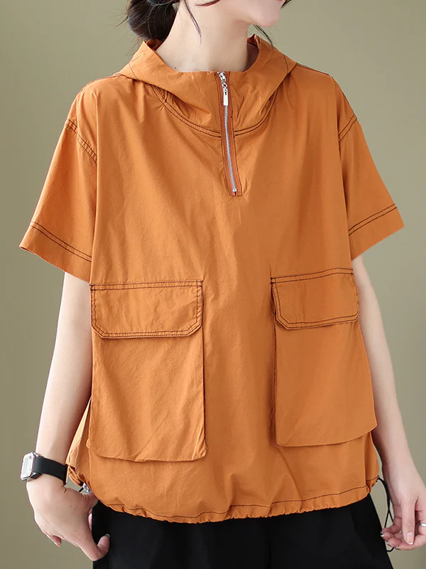 Loose Short Sleeves Zipper Hooded T-Shirts Tops - Image 15