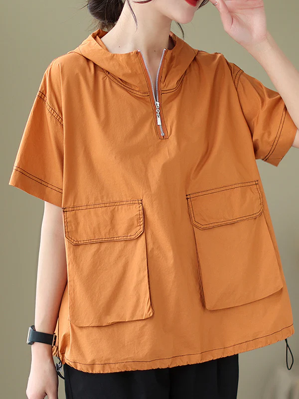 Loose Short Sleeves Zipper Hooded T-Shirts Tops - Image 16