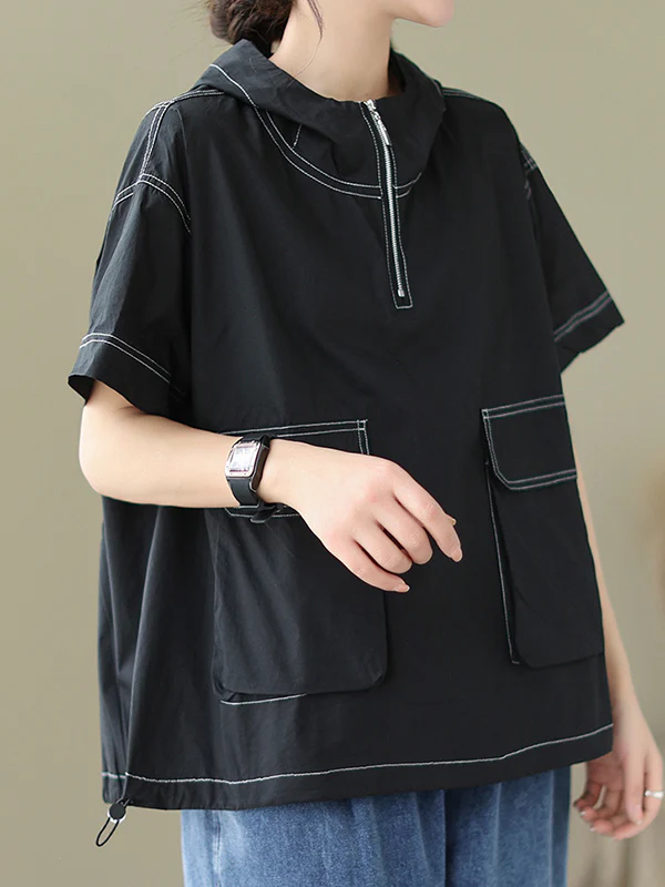 Loose Short Sleeves Zipper Hooded T-Shirts Tops - Image 17