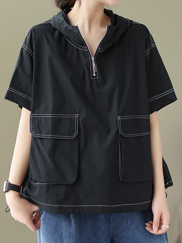 Loose Short Sleeves Zipper Hooded T-Shirts Tops - Image 18