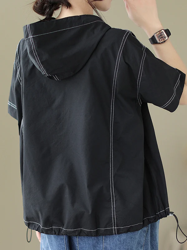 Loose Short Sleeves Zipper Hooded T-Shirts Tops - Image 19