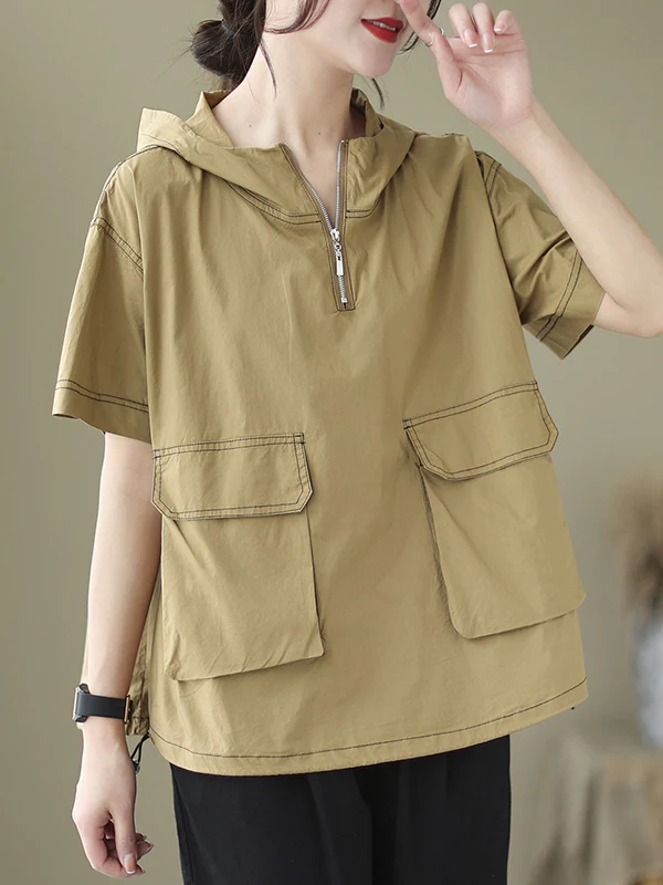 Loose Short Sleeves Zipper Hooded T-Shirts Tops - Image 2