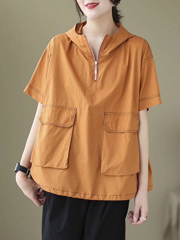 Loose Short Sleeves Zipper Hooded T-Shirts Tops - Image 3