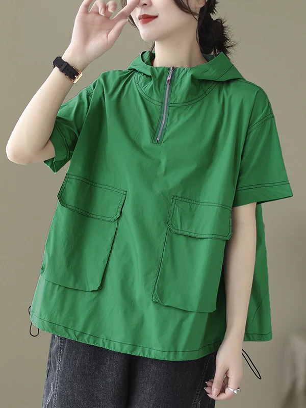 Loose Short Sleeves Zipper Hooded T-Shirts Tops - Image 4