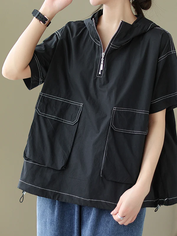 Loose Short Sleeves Zipper Hooded T-Shirts Tops - Image 6