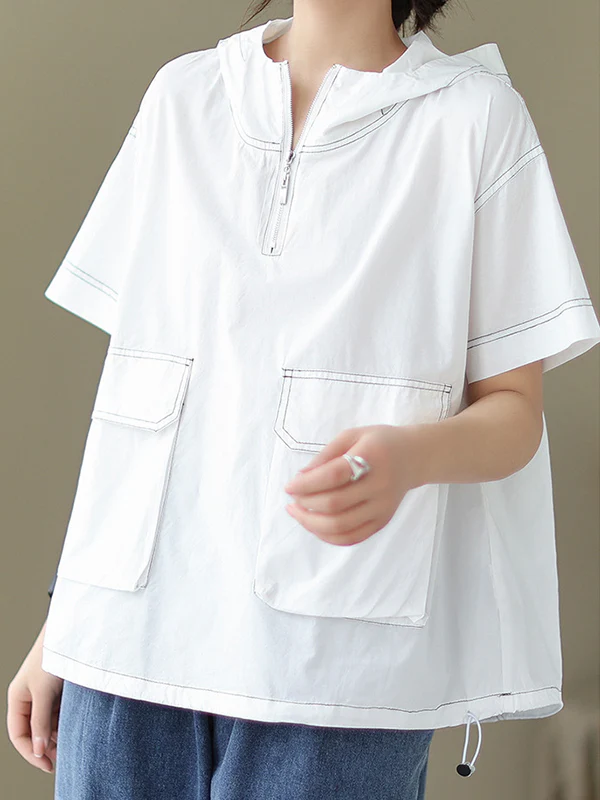 Loose Short Sleeves Zipper Hooded T-Shirts Tops - Image 7