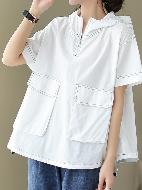 Loose Short Sleeves Zipper Hooded T-Shirts Tops - Image 8