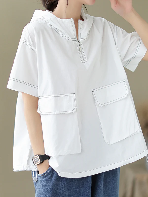 Loose Short Sleeves Zipper Hooded T-Shirts Tops - Image 9