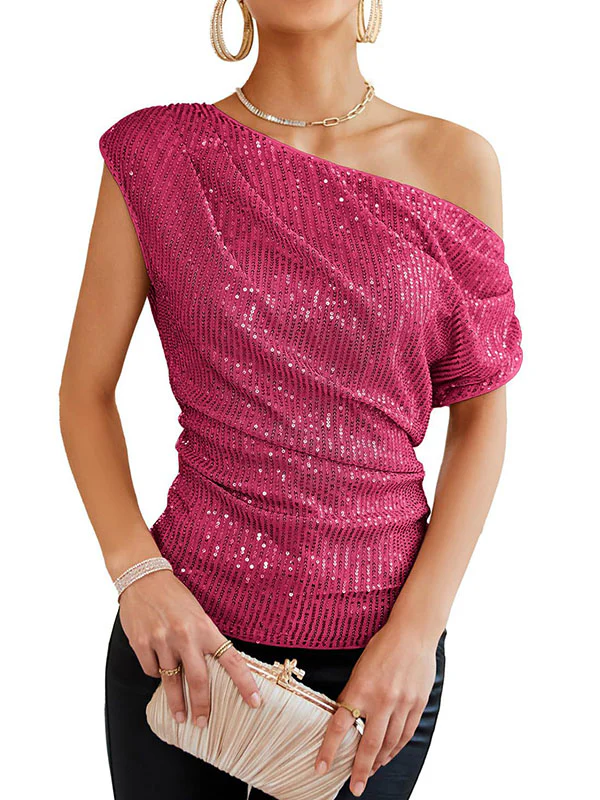 Loose Skinny Asymmetric Sequined Shiny Solid Color Split-Joint One-shoulder Vest Top - Image 2