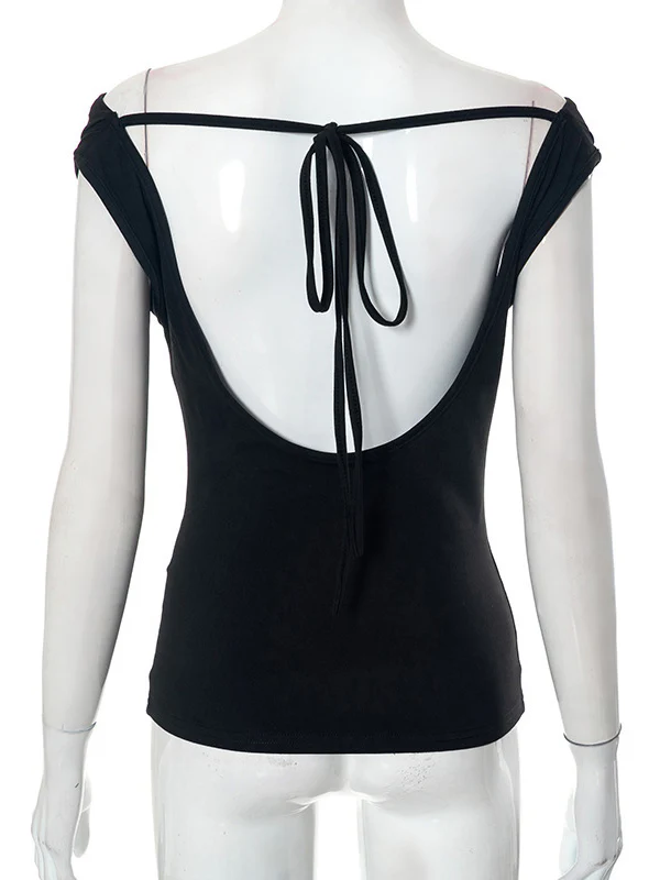 Loose Skinny Backless Lace-Up See-Through Solid Color Split-Joint Off-The-Shoulder T-Shirts Tops - Image 12