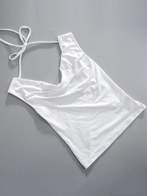 Loose Skinny Backless Lace-Up See-Through Solid Color Split-Joint Off-The-Shoulder T-Shirts Tops - Image 14