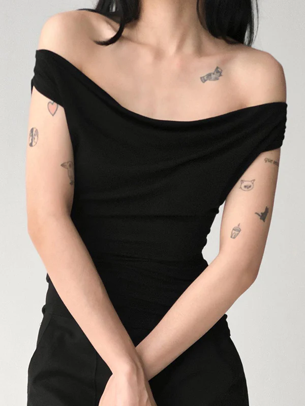 Loose Skinny Backless Lace-Up See-Through Solid Color Split-Joint Off-The-Shoulder T-Shirts Tops - Image 2
