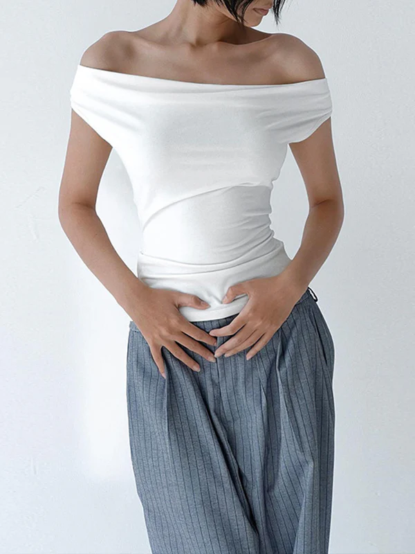 Loose Skinny Backless Lace-Up See-Through Solid Color Split-Joint Off-The-Shoulder T-Shirts Tops - Image 4