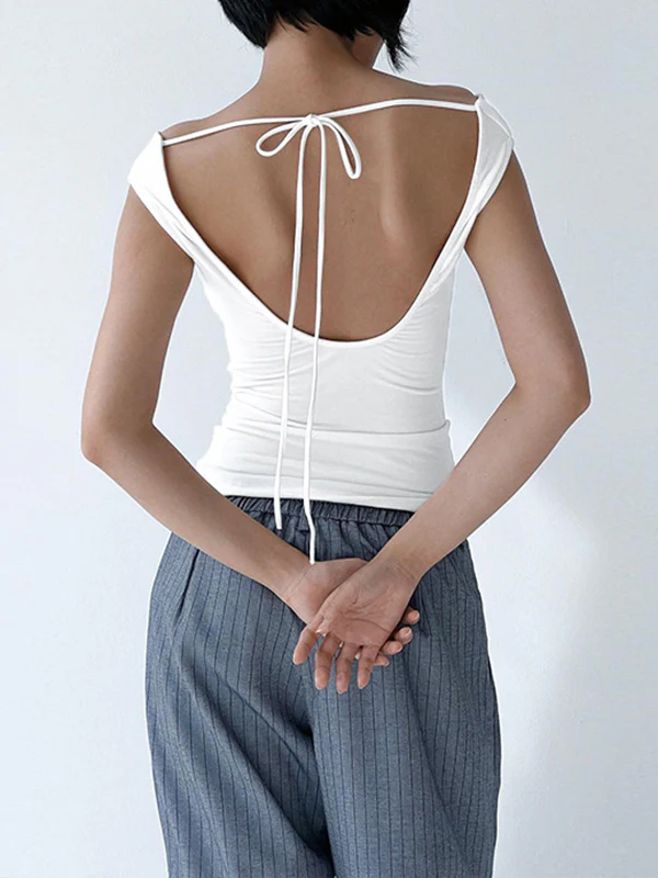Loose Skinny Backless Lace-Up See-Through Solid Color Split-Joint Off-The-Shoulder T-Shirts Tops - Image 8