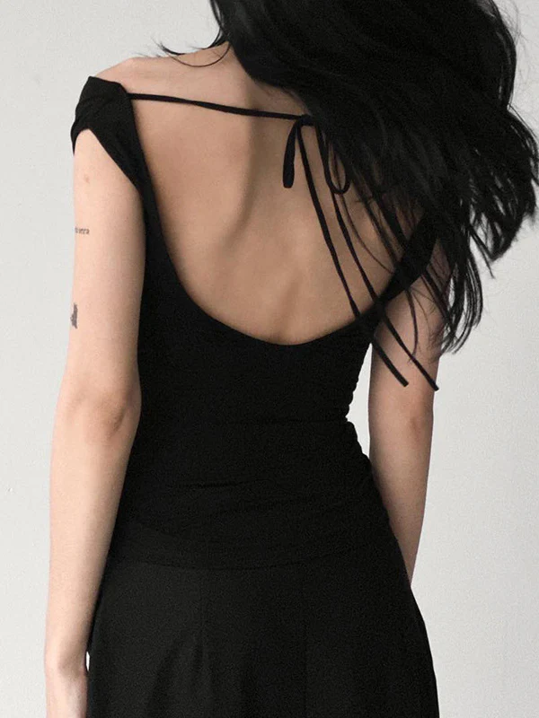 Loose Skinny Backless Lace-Up See-Through Solid Color Split-Joint Off-The-Shoulder T-Shirts Tops - Image 9