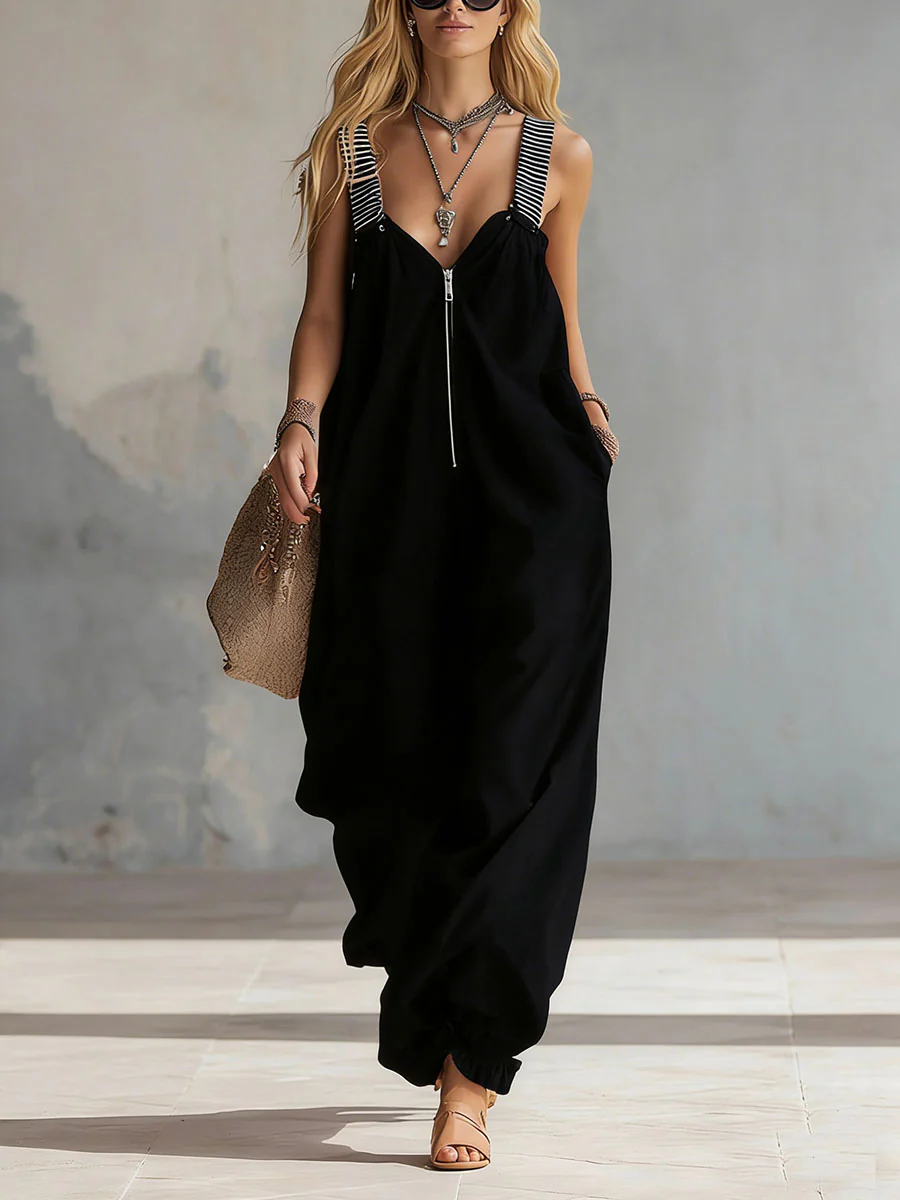Loose Sleeveless Adjustable Elasticity Pleated Pockets Split-Joint Striped Zipper Deep V-Neck Jumpsuits - Image 2