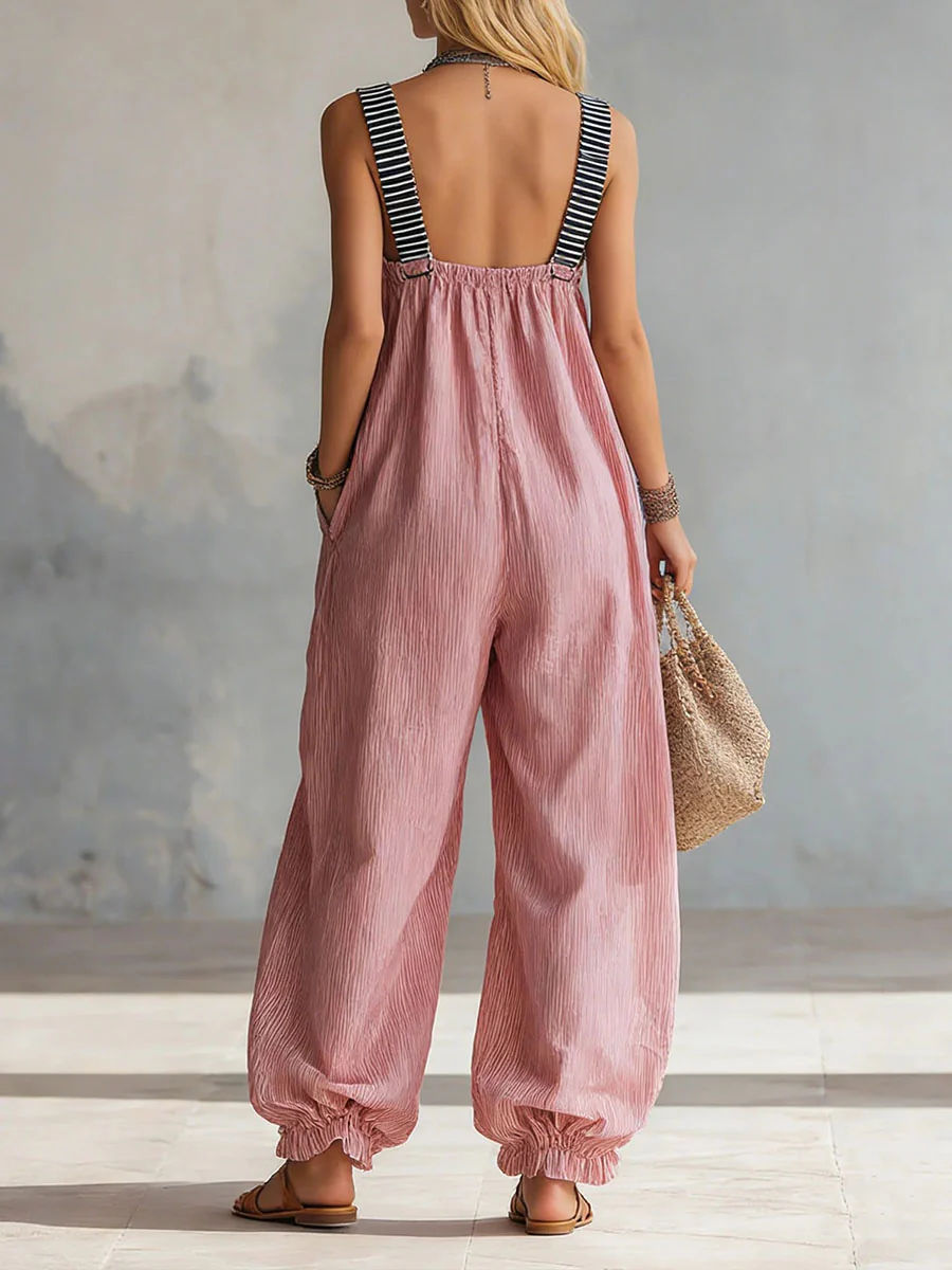 Loose Sleeveless Adjustable Elasticity Pleated Pockets Split-Joint Striped Zipper Deep V-Neck Jumpsuits - Image 5