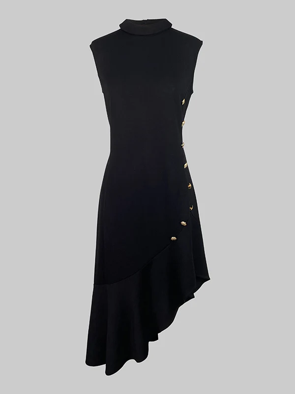 Loose Sleeveless Asymmetric Buttoned Ruffle Trim Solid Color Mock Neck Midi Dresses - Image 3