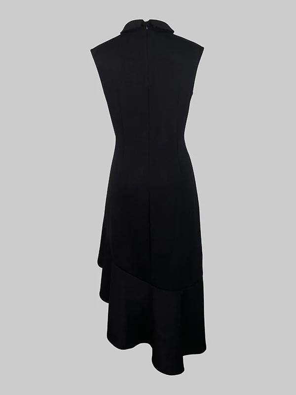 Loose Sleeveless Asymmetric Buttoned Ruffle Trim Solid Color Mock Neck Midi Dresses - Image 4