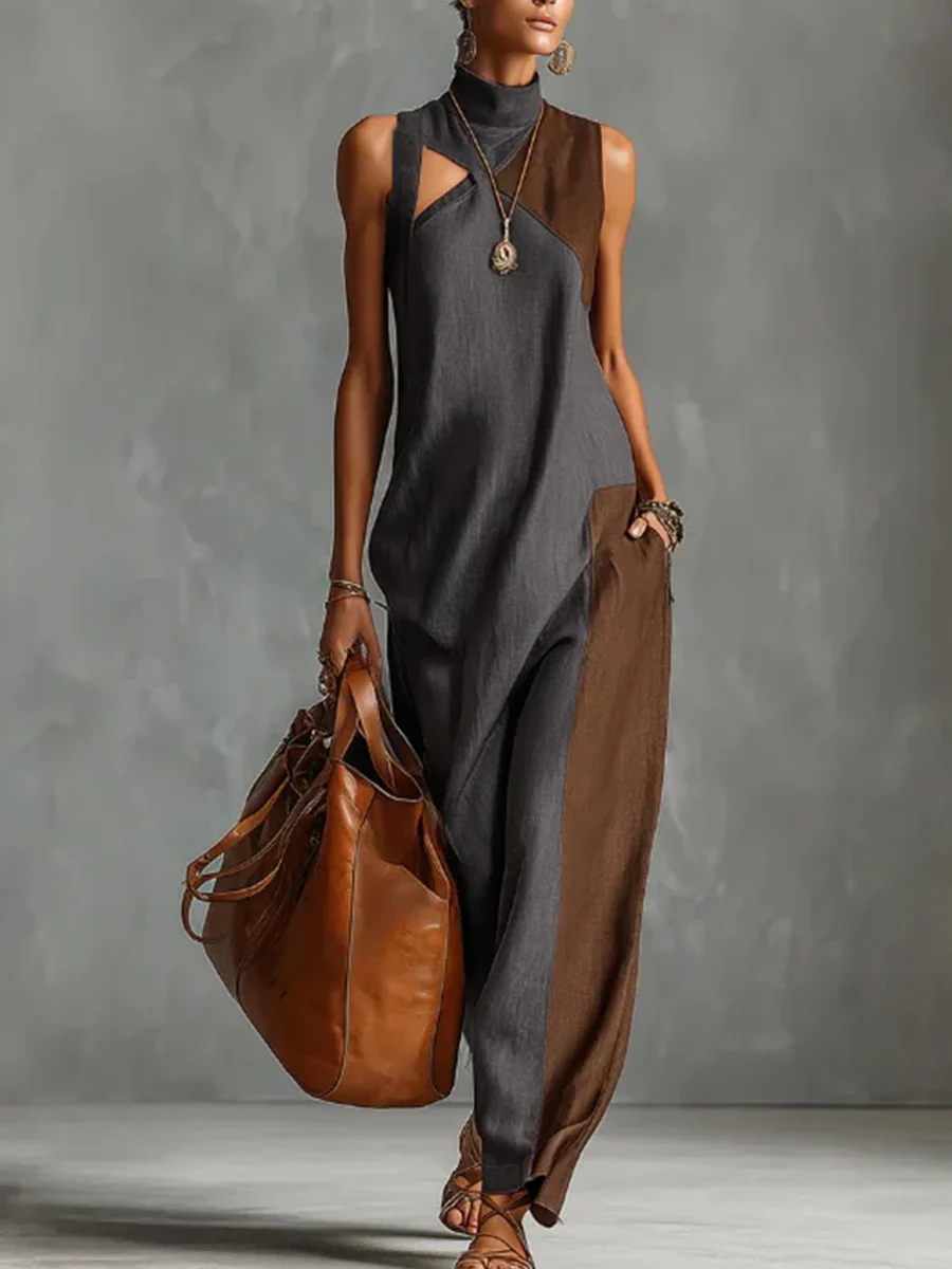 Loose Sleeveless Asymmetric Contrast Color Pockets Split-Joint Mock Neck Maxi Dresses - Image 2