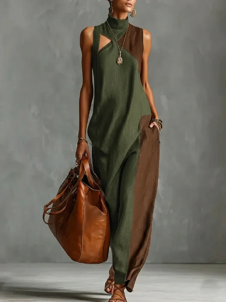 Loose Sleeveless Asymmetric Contrast Color Pockets Split-Joint Mock Neck Maxi Dresses - Image 3