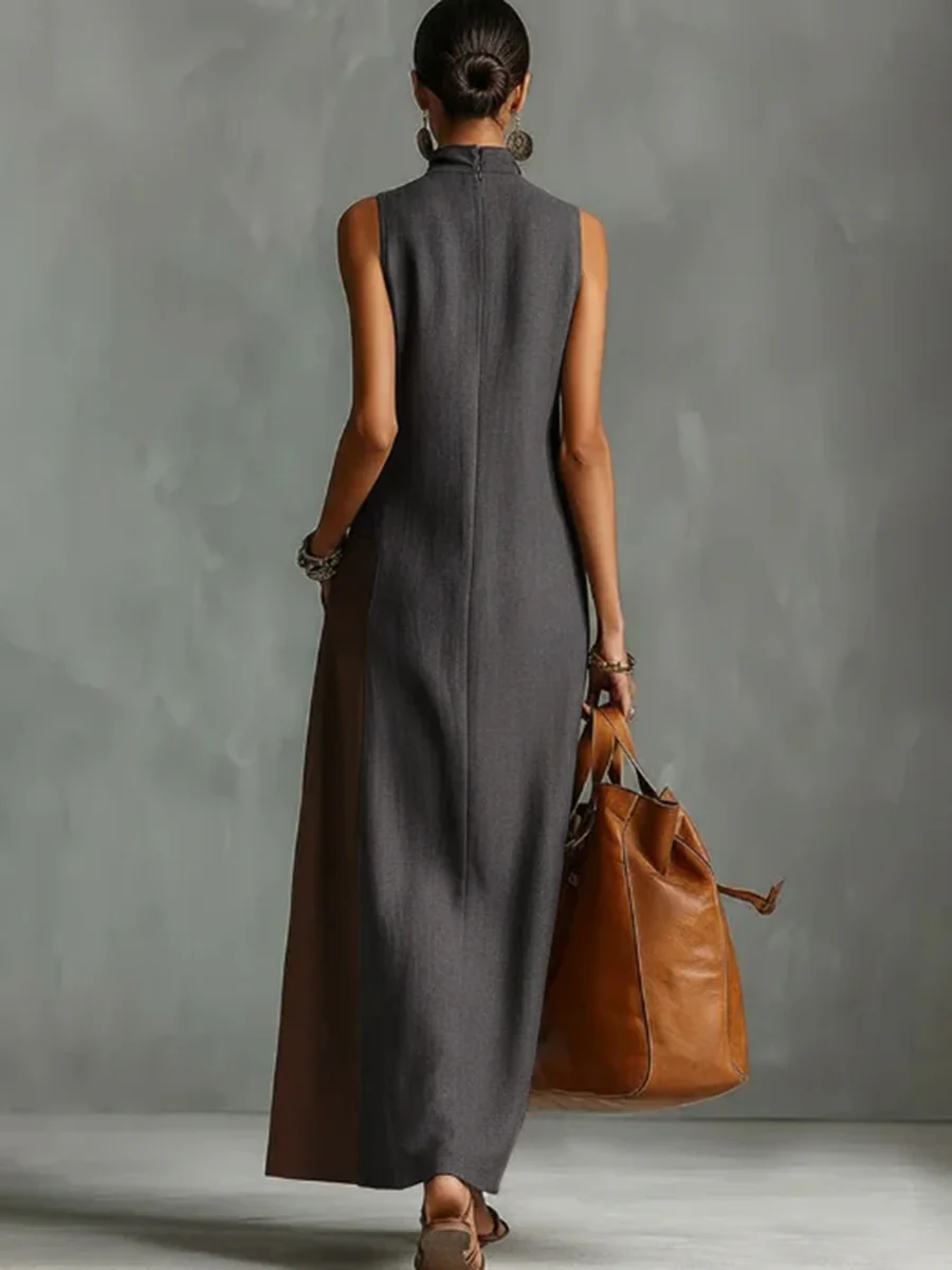 Loose Sleeveless Asymmetric Contrast Color Pockets Split-Joint Mock Neck Maxi Dresses - Image 4
