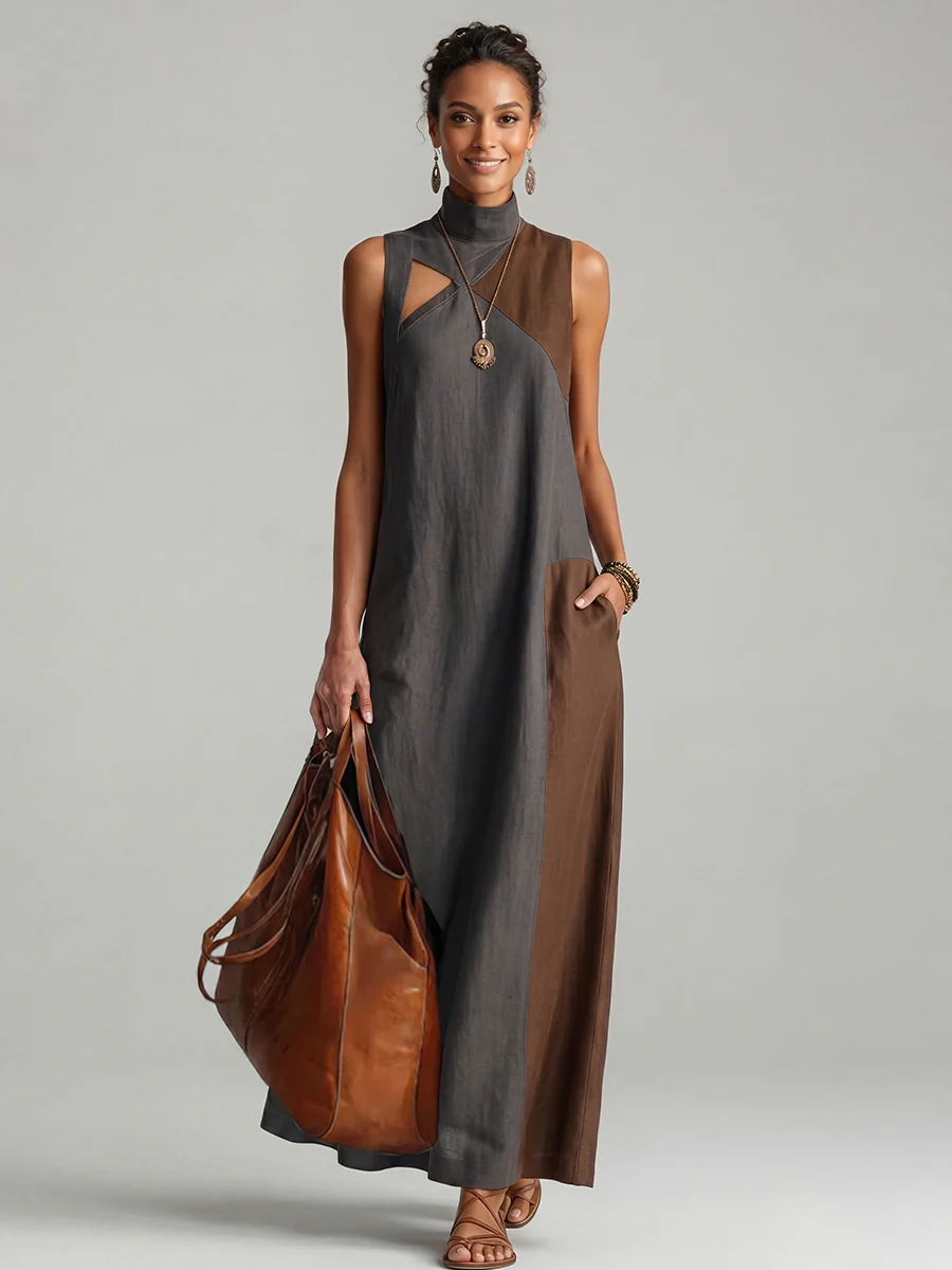 Loose Sleeveless Asymmetric Contrast Color Pockets Split-Joint Mock Neck Maxi Dresses - Image 5