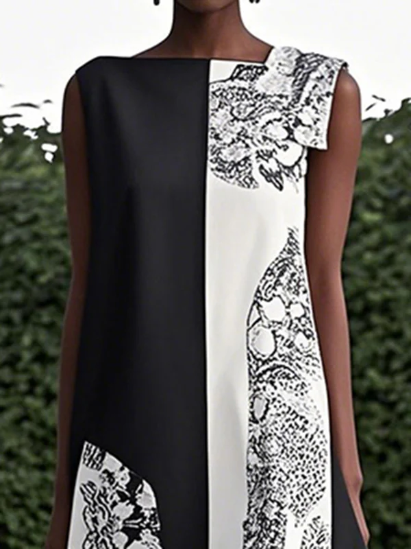 Loose Sleeveless Asymmetric Contrast Color Printed Round-Neck Maxi Dresses - Image 2