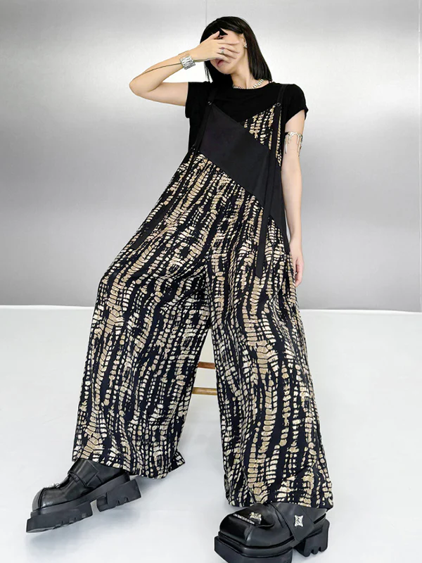 Loose Sleeveless Asymmetric Contrast Color Printed Split-Joint Spaghetti-Neck Overalls - Image 10
