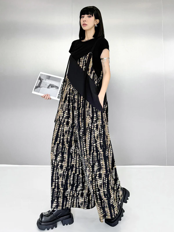 Loose Sleeveless Asymmetric Contrast Color Printed Split-Joint Spaghetti-Neck Overalls - Image 12
