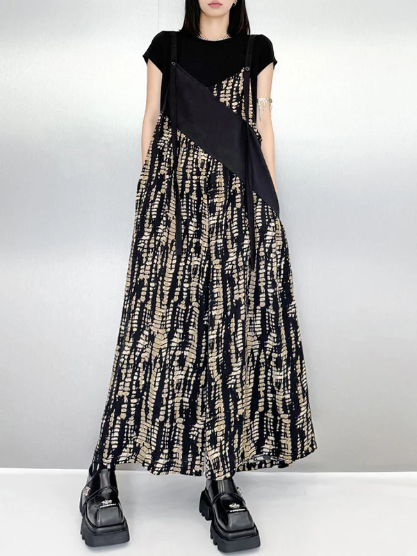 Loose Sleeveless Asymmetric Contrast Color Printed Split-Joint Spaghetti-Neck Overalls - Image 13