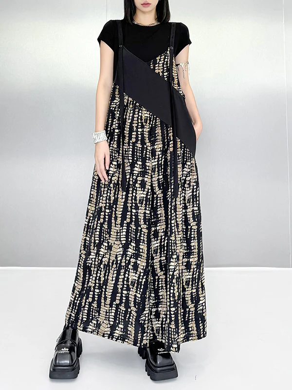 Loose Sleeveless Asymmetric Contrast Color Printed Split-Joint Spaghetti-Neck Overalls - Image 14
