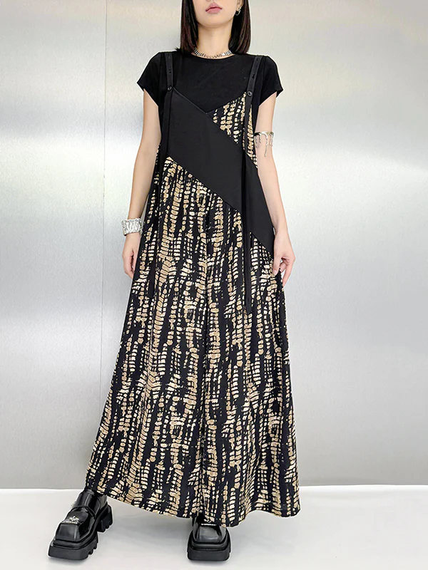 Loose Sleeveless Asymmetric Contrast Color Printed Split-Joint Spaghetti-Neck Overalls - Image 15