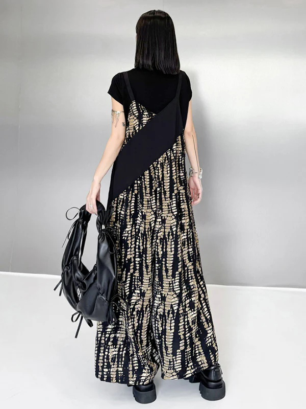 Loose Sleeveless Asymmetric Contrast Color Printed Split-Joint Spaghetti-Neck Overalls - Image 16