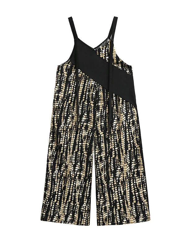 Loose Sleeveless Asymmetric Contrast Color Printed Split-Joint Spaghetti-Neck Overalls - Image 17