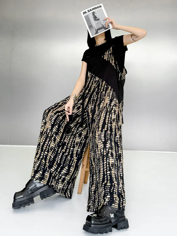 Loose Sleeveless Asymmetric Contrast Color Printed Split-Joint Spaghetti-Neck Overalls - Image 2