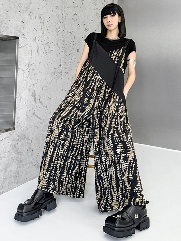 Loose Sleeveless Asymmetric Contrast Color Printed Split-Joint Spaghetti-Neck Overalls - Image 3