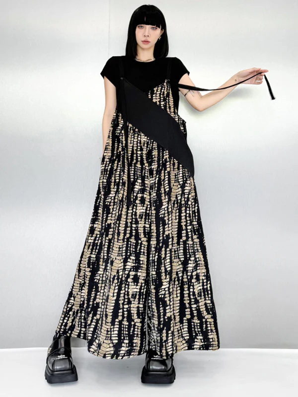 Loose Sleeveless Asymmetric Contrast Color Printed Split-Joint Spaghetti-Neck Overalls - Image 4