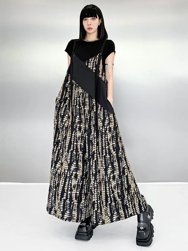 Loose Sleeveless Asymmetric Contrast Color Printed Split-Joint Spaghetti-Neck Overalls - Image 5