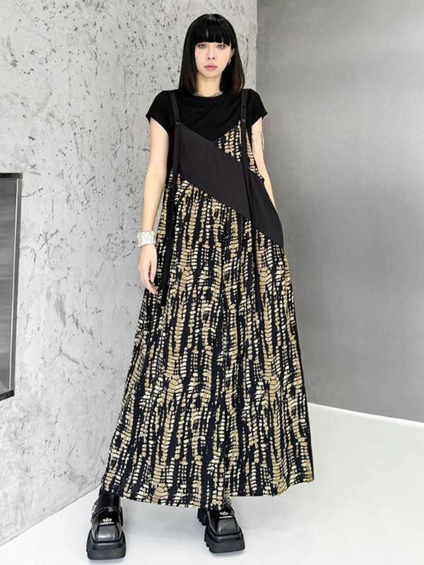 Loose Sleeveless Asymmetric Contrast Color Printed Split-Joint Spaghetti-Neck Overalls - Image 6