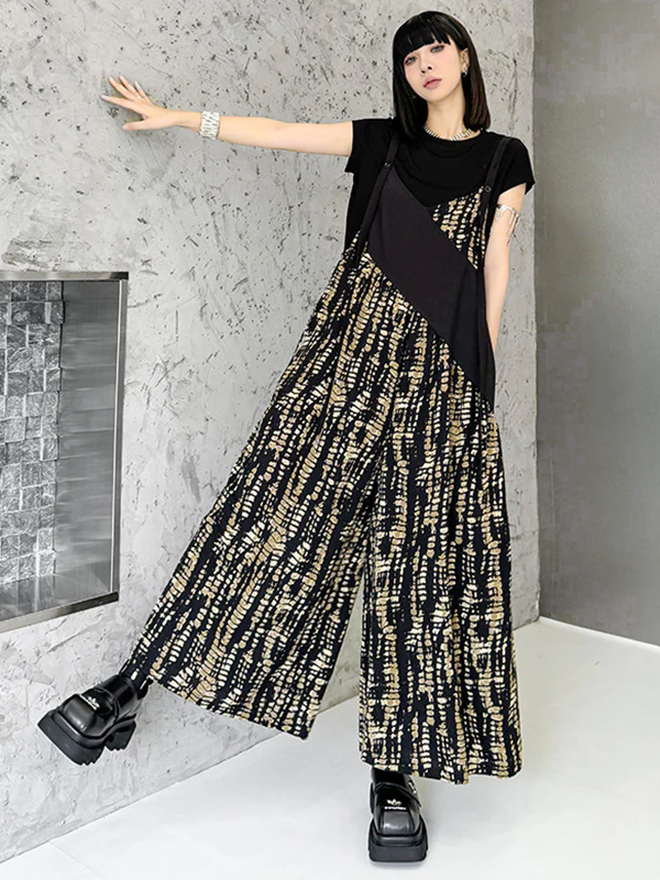 Loose Sleeveless Asymmetric Contrast Color Printed Split-Joint Spaghetti-Neck Overalls - Image 7