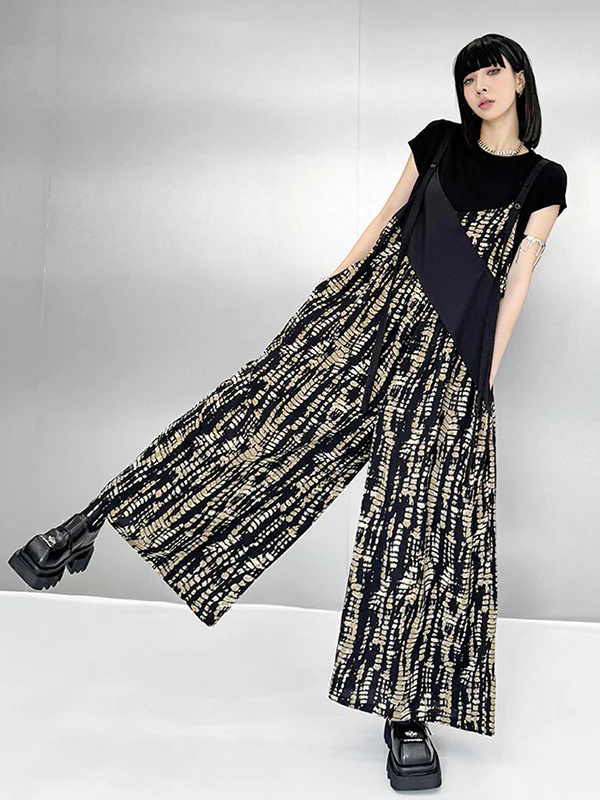 Loose Sleeveless Asymmetric Contrast Color Printed Split-Joint Spaghetti-Neck Overalls - Image 8