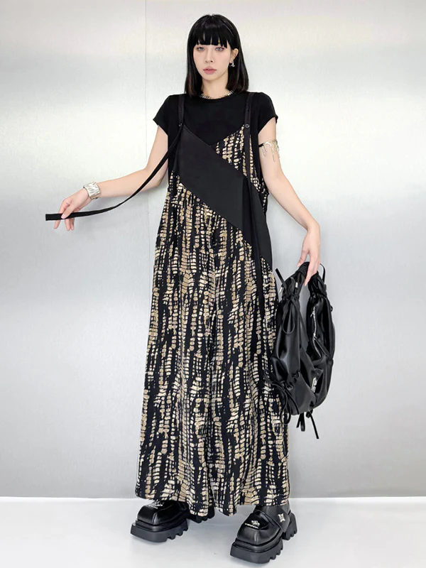 Loose Sleeveless Asymmetric Contrast Color Printed Split-Joint Spaghetti-Neck Overalls - Image 9