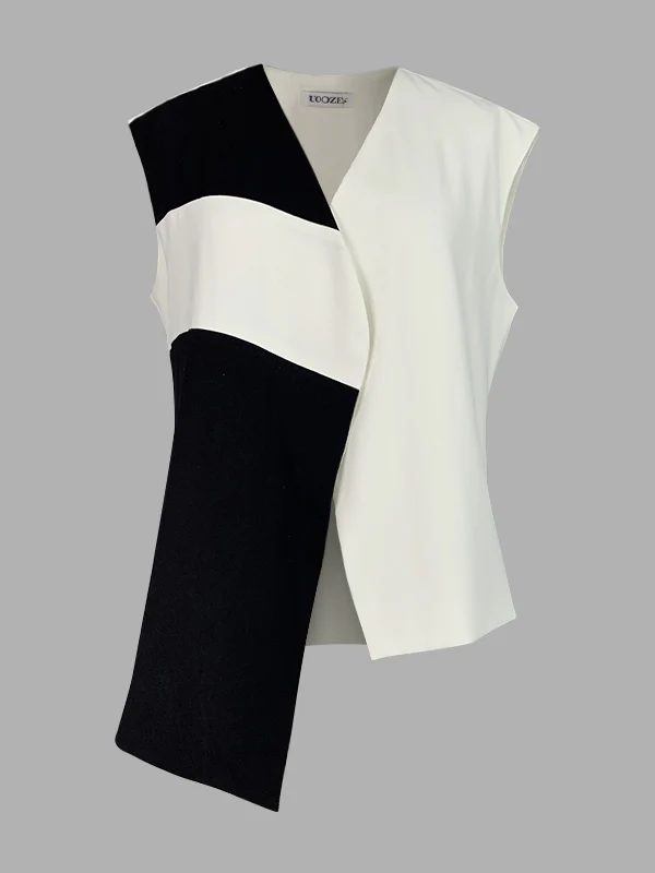 Loose Sleeveless Asymmetric Contrast Color V-Neck Vest Top - Image 3