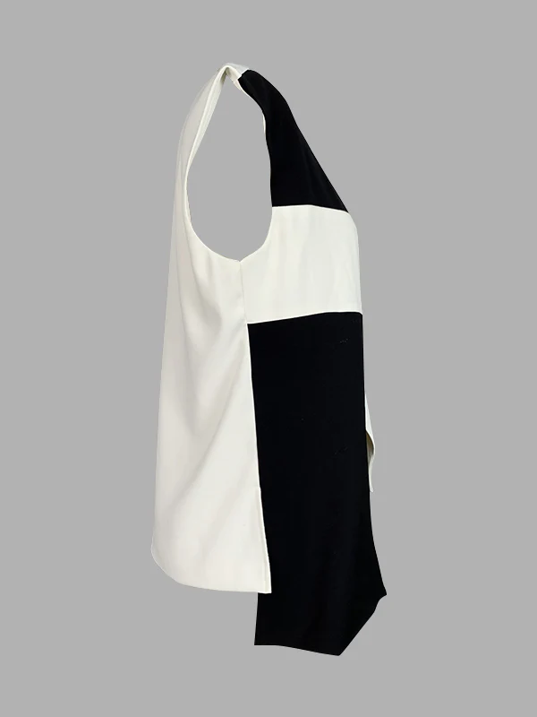 Loose Sleeveless Asymmetric Contrast Color V-Neck Vest Top - Image 4