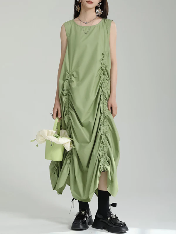 Loose Sleeveless Asymmetric Elasticity Pleated Solid Color Round-Neck Midi Dresses - Image 10