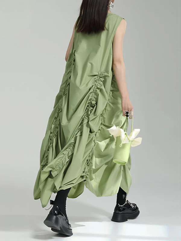 Loose Sleeveless Asymmetric Elasticity Pleated Solid Color Round-Neck Midi Dresses - Image 11