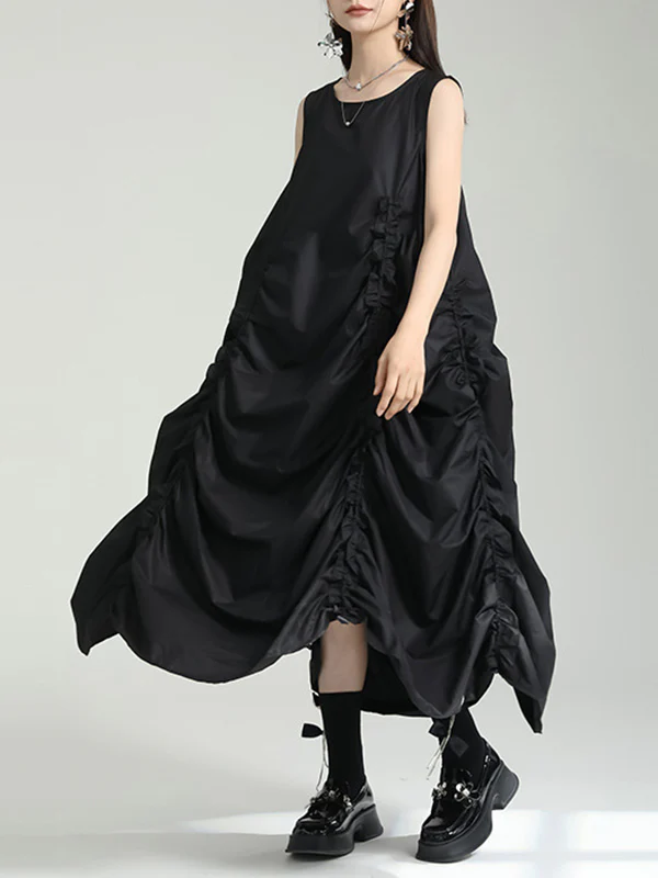 Loose Sleeveless Asymmetric Elasticity Pleated Solid Color Round-Neck Midi Dresses - Image 2