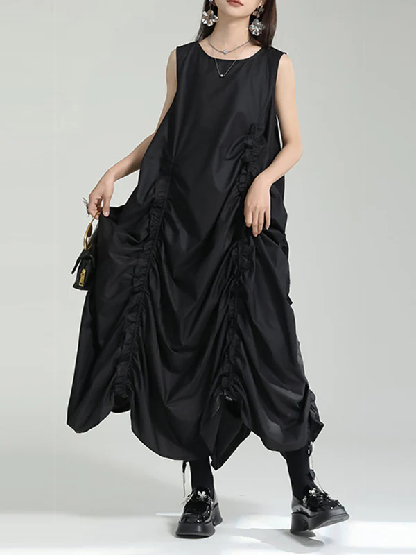 Loose Sleeveless Asymmetric Elasticity Pleated Solid Color Round-Neck Midi Dresses - Image 3